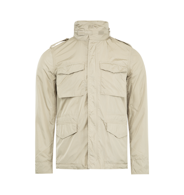 Image 1 of 4 - NEUTRAL - ASPESI Minifield Shell Jacket featuring front press-stud and zip fastening, epaulettes, long sleeves with touch-strap cuffs, two chest patch pockets, and two front flap pockets, internal drawstring fastening at waist and straight hem with an elasticated-drawstring. 100% polyamide.