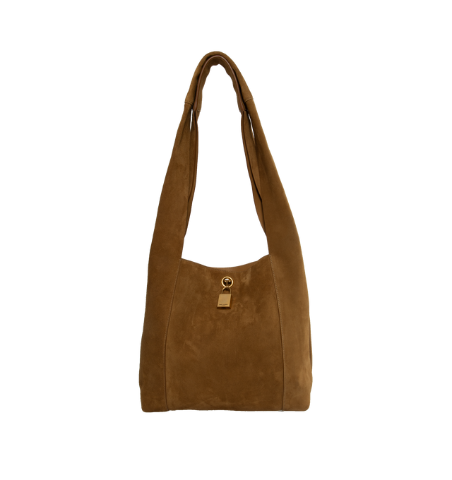 Image 1 of 3 - BROWN - Saint Laurent supple suede hobo bag featuring a toggle closure with SAINT LAURENT engraved padlock. The spacious interior is lined in tonal leather and includes a zip pouch in matching suede embossed with the SAINT LAURENT PARIS signature. Measures  11" X 11.8" X 3.5" with a 14.2" strap drop. Calfskin leather with bronze-tone hardware. Made in Italy. 