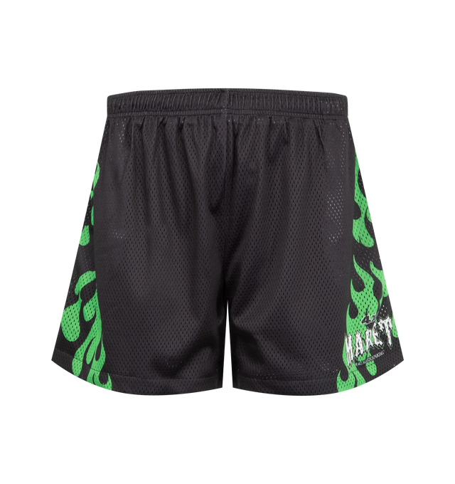 Image 1 of 3 - BLACK - MARKET Toxic Flames Mesh Shorts featuring soft, breathable mesh, color-pop flames up the sides of shorts, mid-thigh length, elastic waist with internal drawcord, side-seam pockets and back welt pocket. 100% polyester.