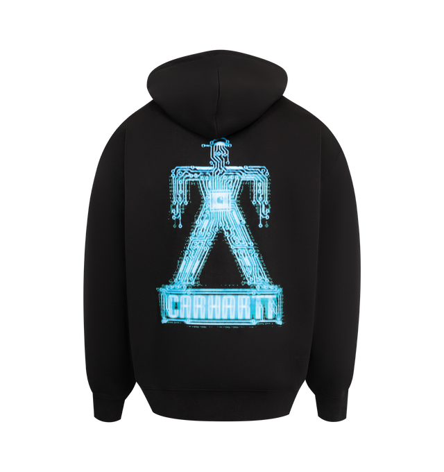 Image 2 of 2 - BLACK - CARHARTT Hooded Electric Boogie Sweatshirt featuring pull-on styling, attached hood with drawstring closure, front kangaroo pocket, front and back printed logo, ribbed trim and heavyweight knit fabric with fleece lining. 57% cotton, 43% polyester. 97% cotton, 3% elastane.