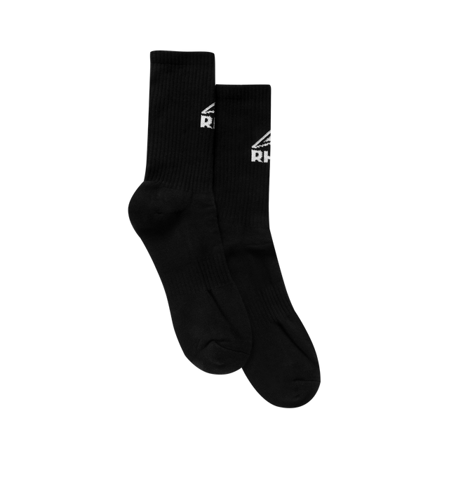 Image 1 of 3 - BLACK - RHUDE Footy Logo Sock featuring Rhude logo and ribbed knit. 80% cotton, 12% polyester, 8% spandex.