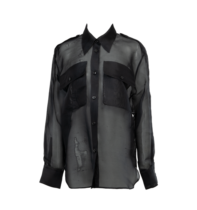 Image 1 of 3 - BLACK - KHAITE Massa Top featuring silk semi-sheer construction, straight-point collar, front button fastening, drop shoulder, long sleeves, buttoned cuffs, two chest flap pockets and straight hem. 100% silk. Made in Italy. 