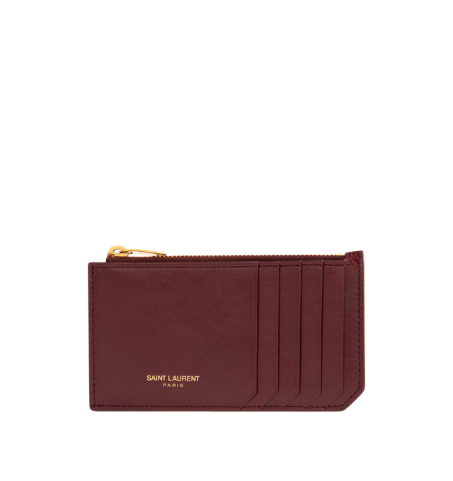 Image 1 of 3 - RED - SAINT LAURENT Card Case in shiny leather featuring zip card holder decorated with logo, leather lining, bronze-tone hardware, five card slots and one zip pocket. 5.1" x 2.9" x 0.3". Calfskin. Made in Italy.