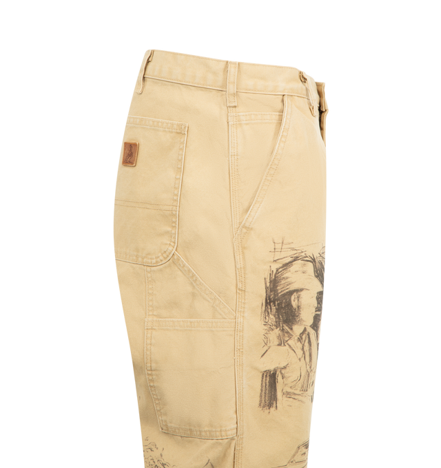 Image 3 of 3 - BROWN - ONE OF THESE DAYS Cotton Graphic Painter Pants featuring cotton-twill painter pants, zip fly with button closure, front slant pockets, back patch pockets, side patch pockets and hammer loop. 100% cotton.