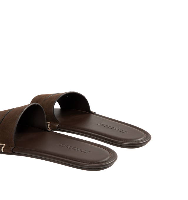 Image 3 of 4 - BROWN - JW ANDERSON Loafer Slide Sandal featuring a whipstitched keeper strap, Italian-crafted suede slide sandal, leather upper, lining and sole. Made in Italy.