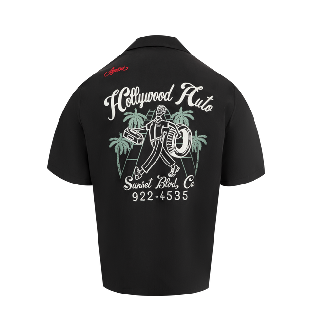 Image 2 of 2 - BLACK - AMIRI Hollywood Bowling Shirt featuring chain stitch embroidery, open spread collar, button closure and logo at front and back. 60% modal, 40% polyester. Made in Italy.