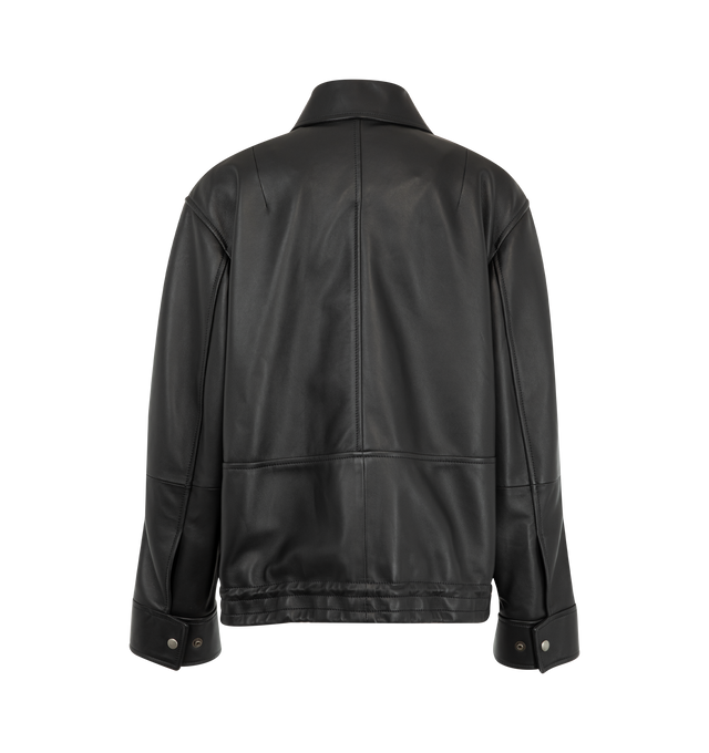 Image 3 of 4 - BLACK - Loewe Women's Drawstring Leather Jacket is crafted from lightweight nappa lambskin and features an adjustable drawstring hem. Designed with a relaxed fit and regular length, it is finished with a classic collar, concealed snap-button and zip-front fastening, snap-button cuffs, buttoned welt pockets, inside welt pockets, and a debossed Double L detail at the chest. Main Material: Nappa lambskin. Fully lined. Made in Spain.