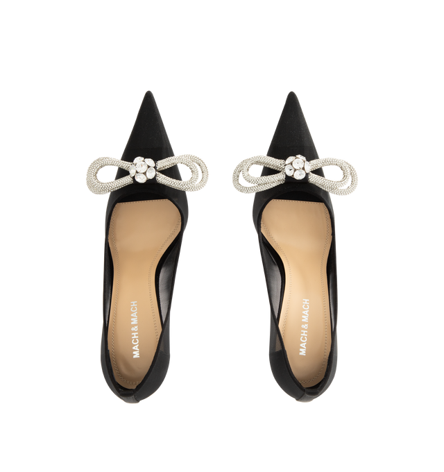 Image 4 of 4 - BLACK - MACH & MACH Double Bow Mesh Pumps featuring a high stiletto heel, crystal double bow detailing, pointed toe and mesh upper. The heel height measures 85mm. Made in Italy.