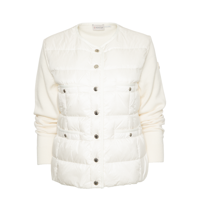Image 1 of 2 - WHITE - MONCLER Padded Wool Cardigan featuring longue saison lining, down-filled longue saison front, stockinette stitch, Gauge 7, snap button closure, pockets with snap button closure and logo patch. 100% polyamide/nylon. 100% virgin wool. Padding: 90% down, 10% feather. 