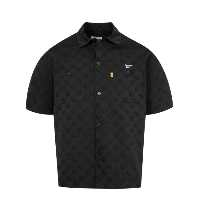 Image 1 of 2 - BLACK - GALLERY DEPT. Playground Shirt featuring short sleeve button-up shirt, boxy fit, jacquard fabric, camp collar, buttoned front pockets, GD buttons and a 'GD ENGLISH' logotype patch on the front. 57% cotton, 43% polyester. Made in Italy.