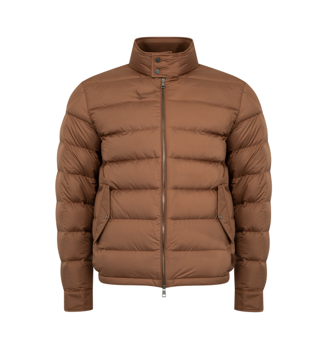 Image 1 of 3 - BROWN - MONCLER Phrier Short Down Jacket featuring Airsoft lining, down-filled, collar with rib knit lining, zipper closure, flap pockets with snap button closure, inner pockets with zipper and snap button closure, adjustable cuffs and leather logo patch. 100% polyester. Padding: 90% down, 10% feather. Made in Italy.