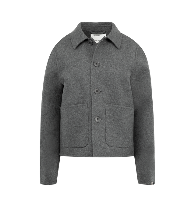 Image 1 of 2 - GREY - EXTREME CASHMERE Mover Cardigan featuring a boxy, workwear-inspired piece reimagined in a shrunken fit, double-faced cashmere, pointed collar, two patch pockets and a five-button corozo closure. 70% wool, 30% cashmere.
