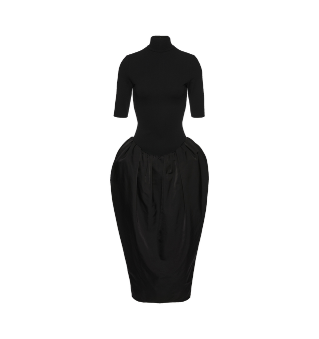 Image 1 of 2 - BLACK - MAGDA BUTRYM Puff Skirt Midi Dress featuring a form-fitting midi dress that combines a structured silhouette with dramatic volume, a sleek turtleneck, fitted 3/4 sleeves, contrasted by a voluminous skirt with a high slit at the back and bodysuit base that fastens underneath the skirt. 92% cupro, 8% elastane. 51% cotton, 49% silk.