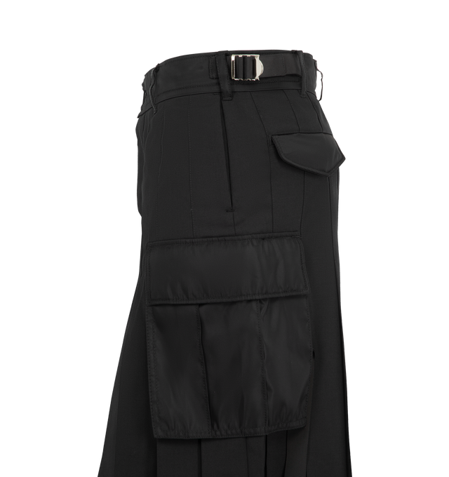 Image 3 of 3 - BLACK - Sacai Womens Suiting x Nylon Twill Skirt is crafted from a polyester and wool blend with contrasting nylon twill paneling. Features a hybrid tailored construction and mixed-media design. Main Material: 70% Polyester, 30% Wool; Contrast 1: 100% Nylon; Contrast 2: 100% Polyester; Lining: 100% Cupro; Filling: 100% Polyester. Made in Japan.