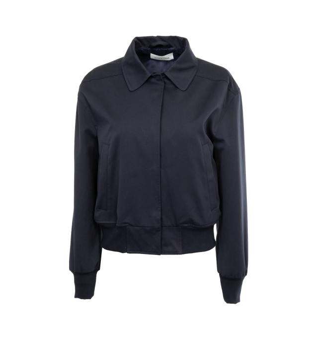 Image 1 of 3 - BLUE - ARMARIUM Water-Repellant Rain Bomber Jacket featuring point collar, concealed snap front, long sleeves, side welt pockets, relaxed fit and ribbed cuffs and hem. 100% cotton. Made in Italy. 