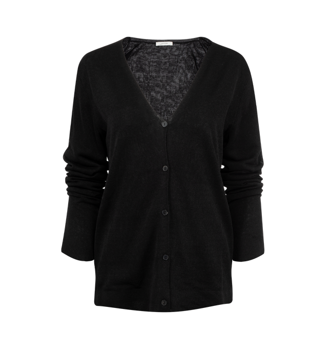 Image 1 of 2 - BLACK - THE ROW Jheel Cardigan featuring classic v-neck cardigan in textured linen and cotton knit with front horn button closure and minimal silhouette. 69% linen, 30% viscose, 1% polyamide. Made in Italy.