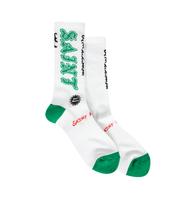 Image 1 of 2 - GREEN - SAINT MICHAEL Saint Socks featuring crew length, ribbed design and jacquard graphics.