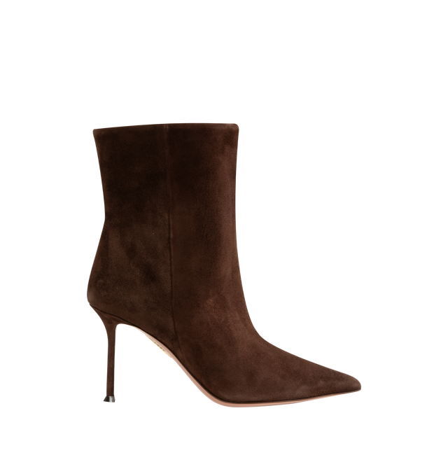 Image 1 of 4 - BROWN - Aquazzura Women's Harper Bootie 85 is crafted from smooth suede and features a sleek ankle-high silhouette with a pointed toe for an elegant, elongated profile. Designed in an easy pull-on style, these designer booties are set on an 85mm heel and finished with a soft leather lining and durable calf leather sole. Upper: Suede. Lining: Leather. Sole: Calf Leather. Heel Height: 85 mm / 3.3 in. Closure: Pull-On. Toe: Pointed. Made in Italy.