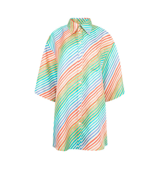 Image 1 of 2 - MULTI - CHRISTOPHER JOHN ROGERS Crayon Stripe Jumbo Short Sleeve Silk Shirt featuring vibrant crayon stripes, spread collar, button closure, short sleeves, chest patch pocket, oversized silhouette, back yoke and box pleat. Silk. Made in USA.