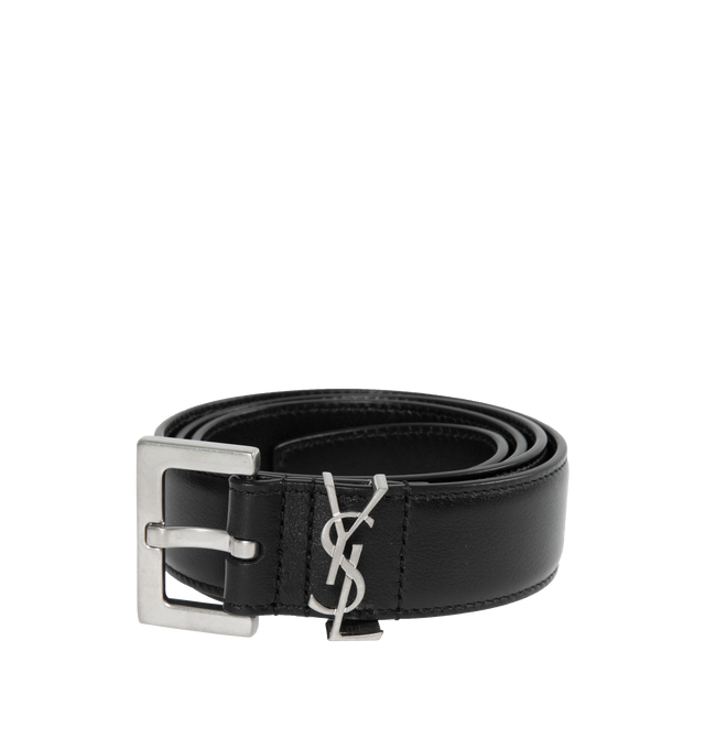 Image 1 of 2 - BLACK - SAINT LAURENT Cassandre Leather Belt featuring square buckle and cassandre logo loop. 100% calfskin. Made in Italy.  