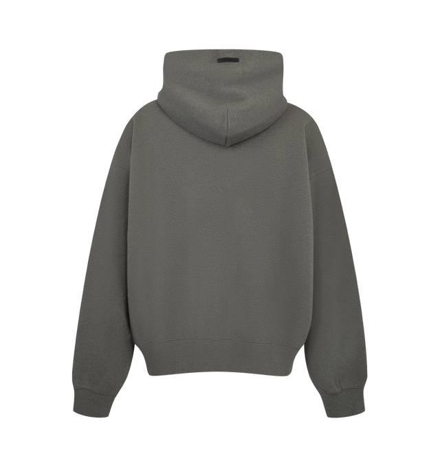 Image 2 of 2 - GREY - Fear of God ESSENTIALS Men's Signature Classic Zip Up Hoodie is crafted from heavyweight 380 GSM cotton-blend fleece and features a classic relaxed-fit silhouette with a full-zip front closure and double-layer hood. Designed with the ESSENTIALS signature logo in puff-print across the back, this elevated everyday essential is finished with rib-knit cuffs and hem, a split kangaroo pocket, and signature ESSENTIALS labels at the hood and cuff. Main Material: 80% Cotton, 20% Polyester Fleec