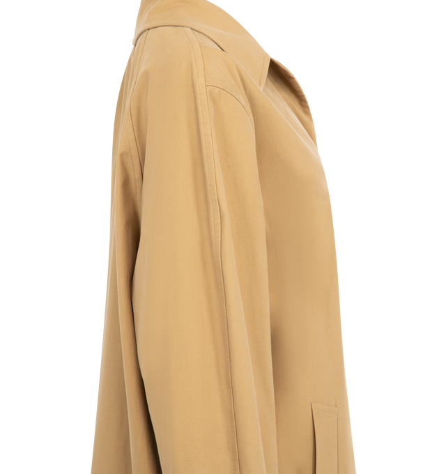 Image 4 of 4 - BROWN - THE ROW Pluma Coat featuring relaxed single-breasted car coat in washed cotton and cashmere with raglan construction, slant welt pockets, and concealed front placket with button closure. 85% cotton, 15% cashmere. Lined in 100% cotton. Made in Italy.