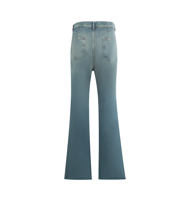 Image 2 of 3 - BLUE - DRKSHDW Bolan Bootcut Jeans featuring fading, whiskering, and subtle distressing throughout, slim-fit and bootcut, high-rise, belt loops, five-pocket styling and button fly. 100% cotton. Made in Italy.