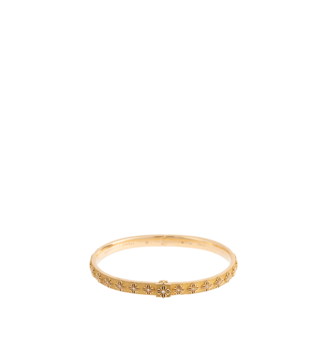 Image 1 of 2 - GOLD - Shamballa SOS Bangle Bracelet in 18K gold, set with high-quality G/VS diamonds. This bracelet shines with a brilliant luster, making it a perfect accessory for both everyday wear and special occasions. Its sleek design ensures it stands out with timeless sophistication. Size small is approximately 5.3 inches.