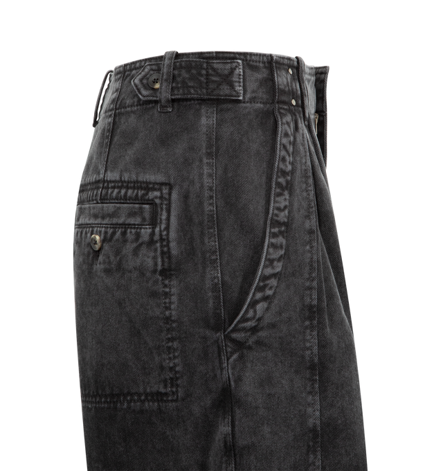 Image 3 of 3 - BLACK - ISABEL MARANT Ireme Pant featuring cotton denim workwear pants, fitted waistband with belt loops, button tabs, and rivets, zippered and snap-buttoned, pockets on the sides and buttoned patch pockets in back and wide pleated legs. 100% cotton.