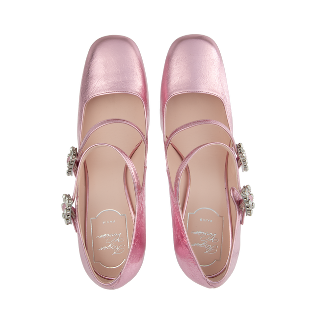 Image 4 of 4 - PINK - ROGER VIVIER Mini Trs Vivier Strass Buckle Babies Pumps featuring crinkled effect metallic finishing, rounded toe, double front strap and mini crystal buckles. Heel 3.3in. Leather upper. Leather insole and outsole. Made in Italy. 