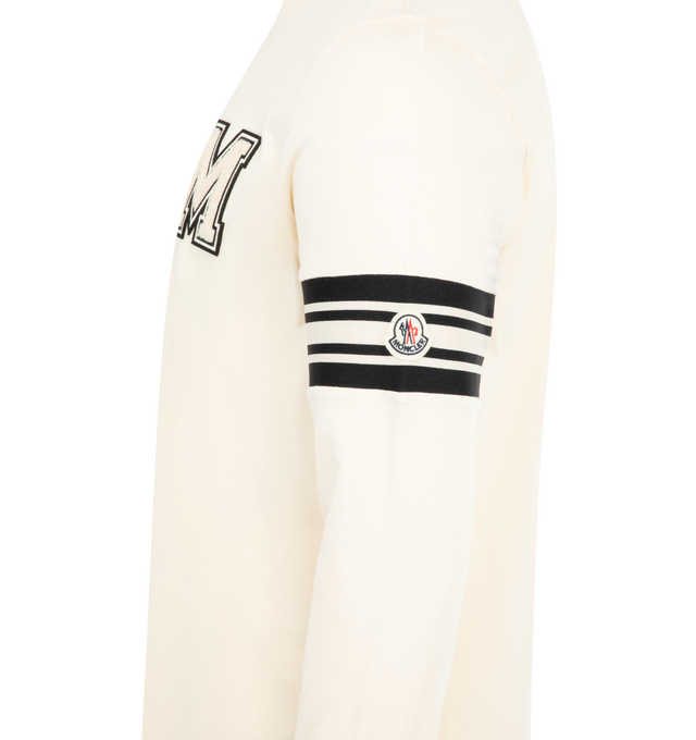 Image 3 of 3 - WHITE - MONCLER Logo Patch T-Shirt featuring crewneck, long sleeves, stripes on sleeve and logo patch on chest. 100% cotton.