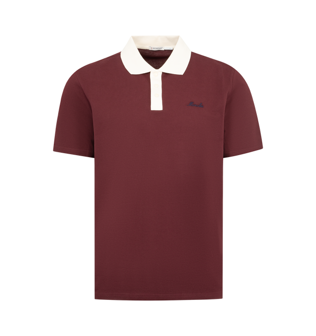 Image 1 of 3 - RED - MONCLER Embroidered Logo Cotton Piquet Polo Shirt featuring cotton piquet, polo collar, snap button closure, short sleeves and embroidered logo. 100% cotton. Made in Turkey.