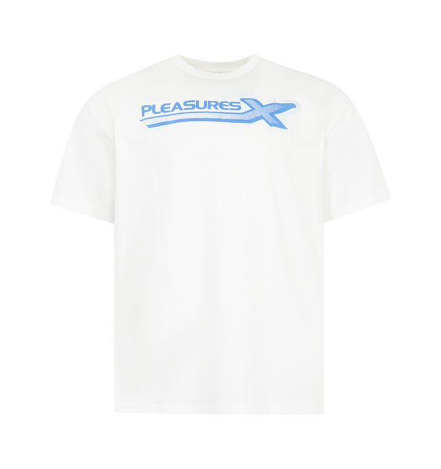 Image 1 of 2 - WHITE - PLEASURES X Tee featuring relaxed fit, short sleeves, crew neckline and screen-printed logo. 100% cotton.