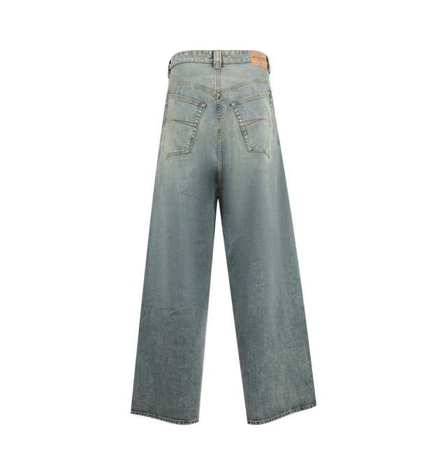 Image 2 of 3 - BLUE - BALENCIAGA Baggy Pants featuring Italian ring denim, mid-waist, covered button fly, 5 belt loops, 5 pockets, Balenciaga engraved flex buttons, Balenciaga Jeans embroidered on left leg, Balenciaga Jeans jacron at back and destroyed effect at back legs. 100% cotton. Made in Italy.