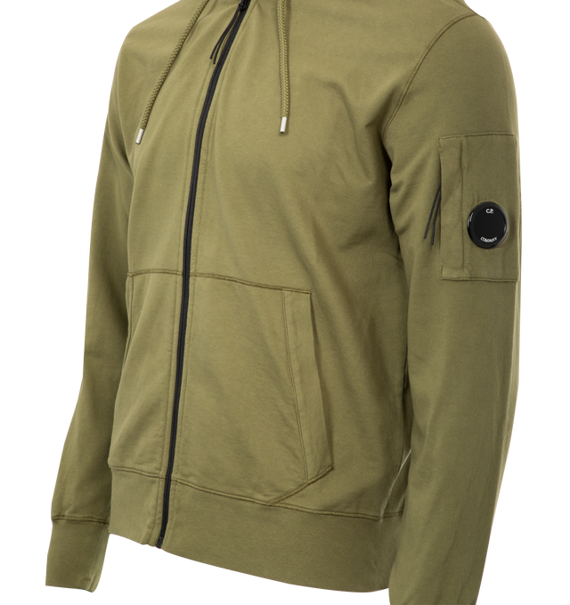 Image 3 of 3 - GREEN - C.P. COMPANY Light Fleece Hooded Full Zip Sweatshirt featuring adjustable hood, full zip fastening, lens detail, ribbed cuffs and hem, garment dyed and regular fit. 100% cotton.