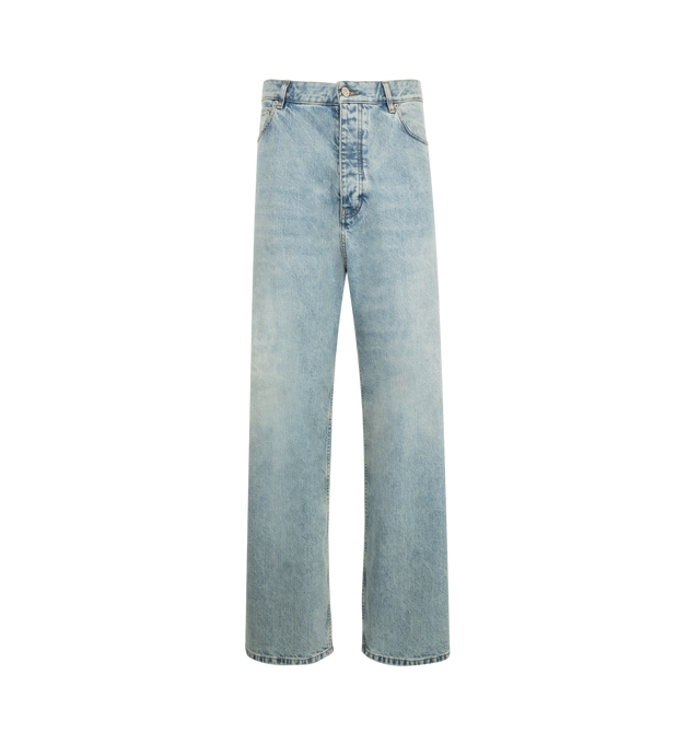 Image 1 of 3 - BLUE - BALENCIAGA Baggy Trousers featuring Japanese denim, mid-waist, covered button fly, 5 belt loops, 5 pockets, Balenciaga engraved flex buttons and Balenciaga garde-robe leather jacron at back. 100% cotton. Made in Japan.