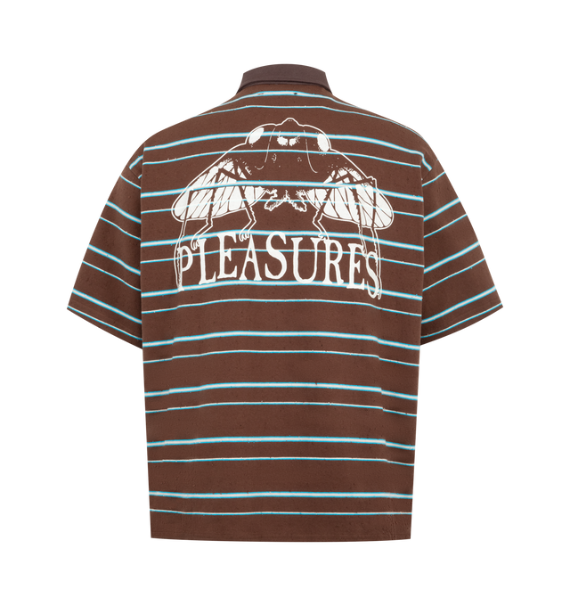 Image 2 of 2 - MULTI - Pleasures Mens Boxy Polo is crafted from heavyweight twill-back French terry. Features a boxy fit, polo collar, faux pilling effect, and printed logo graphic. Main Material: 97% Cotton, 3% Spandex. Made in China.