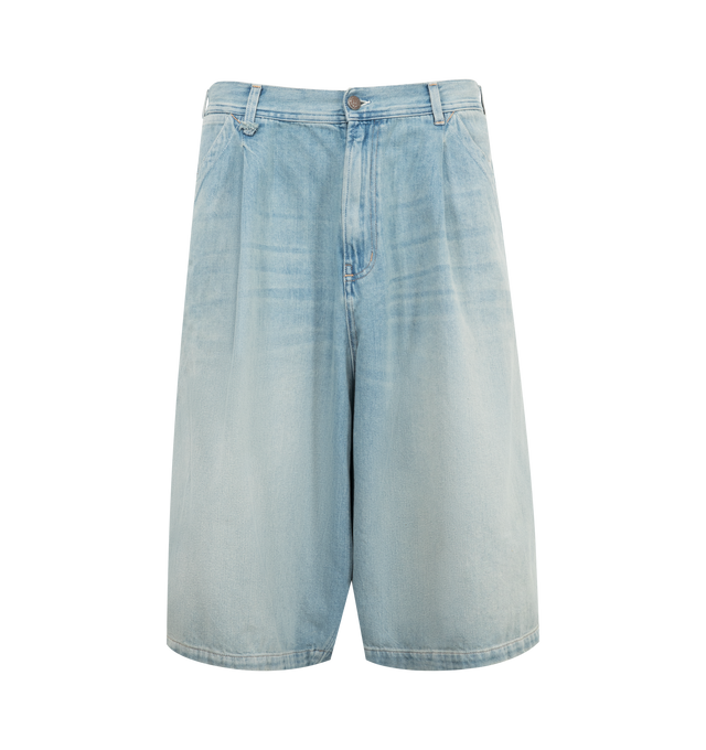 Image 1 of 3 - BLUE - R13 Jesse Bermuda Shorts featuring washed denim, distressed finish, belt loops, classic five pockets, logo patch to the rear and front button and zip fastening. 100% cotton.