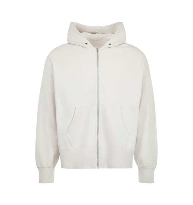 Image 1 of 2 - CREAM - Visvim Court Hoodie F.Z. is crafted from custom cotton and features a full-zip front closure, an attached hood, and a relaxed everyday silhouette. Designed with a custom zip fastener and finished with a one-wash treatment for a soft, broken-in feel, this premium essential reflects Visvim's signature focus on quality materials and craftsmanship. Main Material: 100% Cotton. Made in Japan.