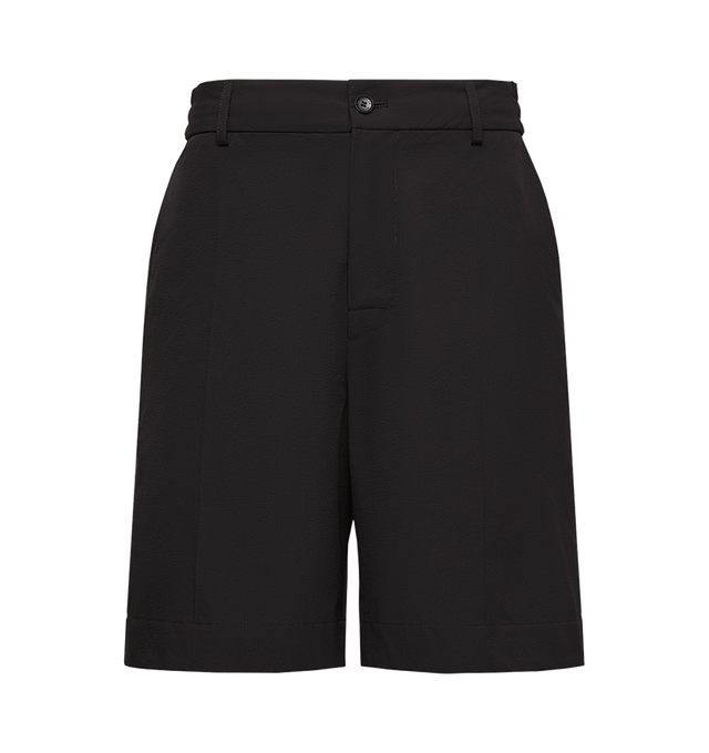 Image 1 of 3 - BLACK - MONCLER Seersucker Shorts featuring adjustable waistband, zipper and button closure, back pocket and leather logo patch. 100% polyester. Made in Romania.
