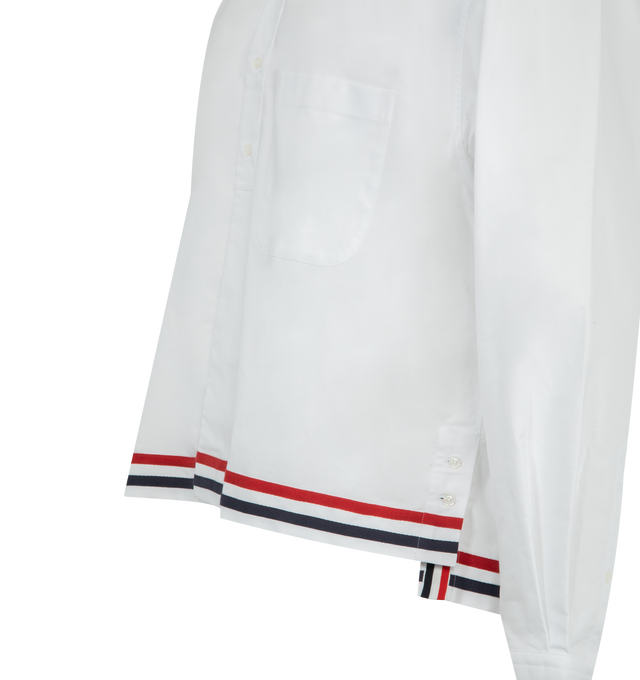 Image 3 of 3 - WHITE - THOM BROWNE RWB Rugby Oxford Shirt featuring cotton oxford cloth shirt, spread collar, button closure, patch pocket at chest, stripe appliqus at hem and cuffs, button vent at side seams, buttoned barrel cuffs, tricolor grosgrain flag at back collar and pleats and locker loop at back yoke. 100% cotton. Made in Italy.