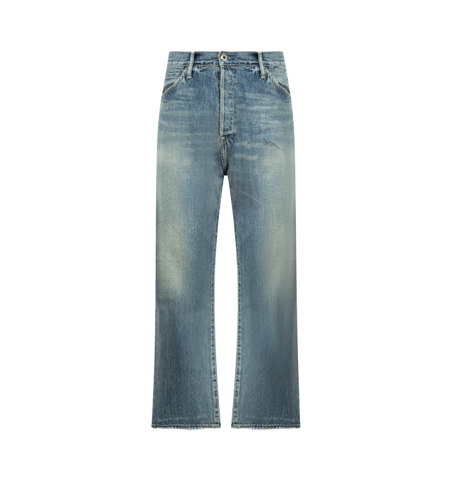 Image 1 of 4 - BLUE - CHIMALA 13.5 oz Selvedge Denim Baggy Cut Jean feauring a mid-rise jean, a straight cut down the leg, durable 13.5 oz Japanese cotton denim, paint splatters, baggy fit throughout, a secure zip and button closure and a classic five-pocket construction. 100% cotton.