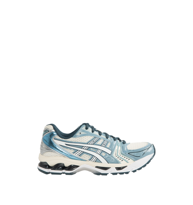 Image 1 of 5 - BLUE - Asics GEL-Kayano 14 Sneakers are lace-up style with rip-stop underlays, GEL cushioning, and TRUSSTIC support system. Unisex style in men's sizing.