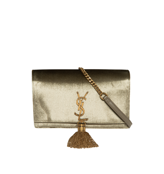Image 1 of 3 - GOLD - SAINT LAURENT Kate Chain Wallet with Tassel in Velvet featuring a chain tassel, removable shoulder strap chain, snap closure, six card slots, one bill compartment and one zip coin purse. 7.4 X 4.9 X 1.5 inches. 80% viscose, 20% silk.  