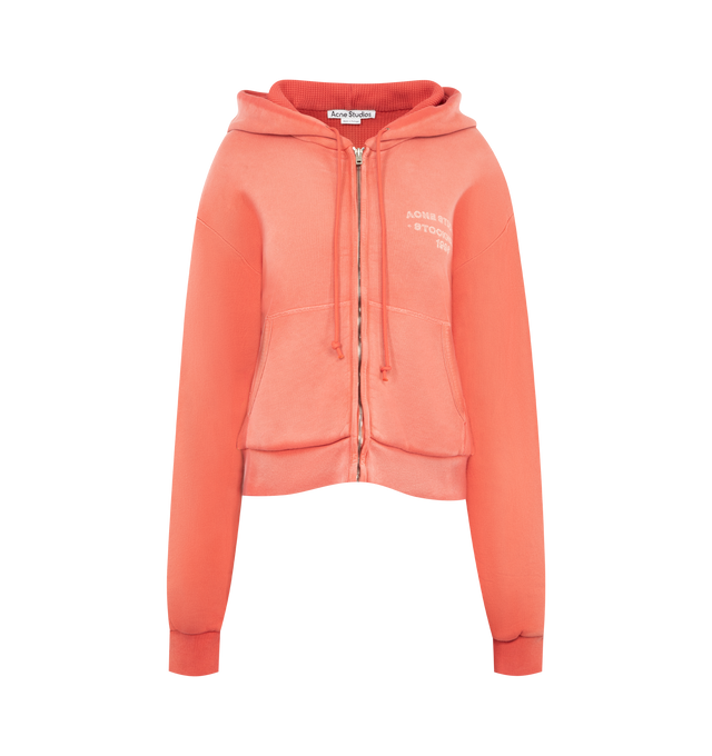 Image 1 of 2 - RED - ACNE STUDIOS Sprayed Zip Hoodie featuring hooded sweatshirt, sprayed cotton fleece, regular unisex fit, waist-length, long sleeves, zip-up front, drawcord hood, ribbed cuffs and hem, kangaroo pockets and Acne Studios 1996 logo stamp on chest. 100% cotton.