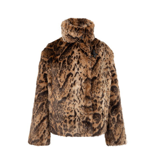 Image 1 of 3 - BROWN - Jacquemus Women's Le Blouson Fernando Jacket is crafted from faux leopard fur and features an oversized silhouette with rounded shoulders, a stand collar, and a fully lined interior. Designed with an asymmetric front closure secured by a toggle and leather loop fastener, this statement outerwear style is finished with hidden snap buttons, side welt pockets, and a signature Jacquemus Rosemary label at the back. Main Material: 62% Polyacrylic, 23% Modacrylic, 15% Polyester. Lining: 52%