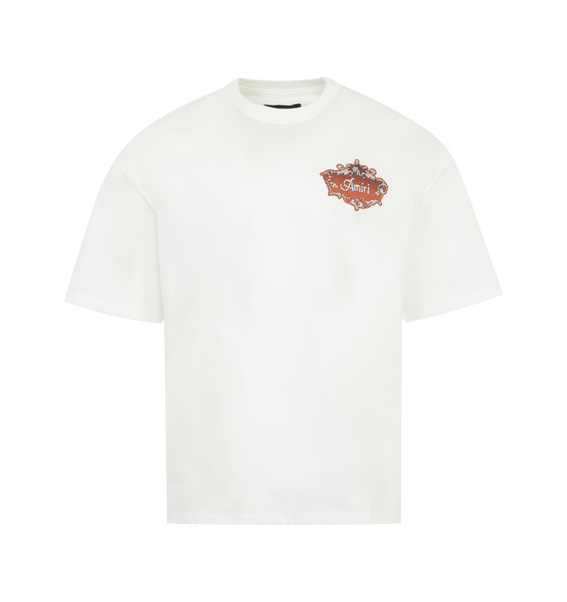 Image 1 of 2 - WHITE - AMIRI Chateau Crest T-shirt featuring cotton jersey, short sleeves, rib-knit crewneck, logo graphic printed at chest and back, dropped shoulders and oversized fit. 100% cotton. Made in Italy.