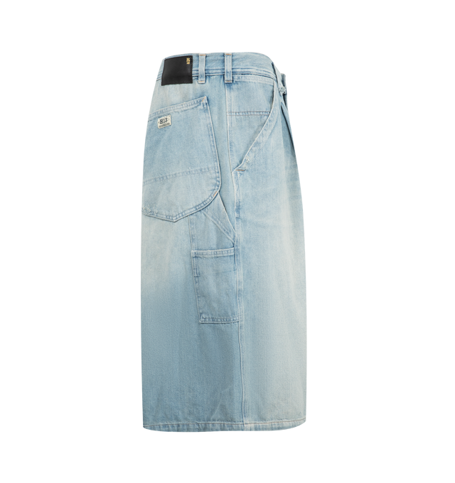 Image 3 of 3 - BLUE - R13 Jesse Bermuda Shorts featuring washed denim, distressed finish, belt loops, classic five pockets, logo patch to the rear and front button and zip fastening. 100% cotton.