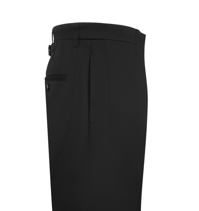 Image 3 of 3 - BLACK - Thom Browne Mens Painter Pants are crafted from durable woven fabric. Feature a wide-leg fit, button and zip closure, multiple utility pockets, hammer loop, reinforced construction, and signature striped grosgrain loop tab. Main material: Polyester. Made in Italy.