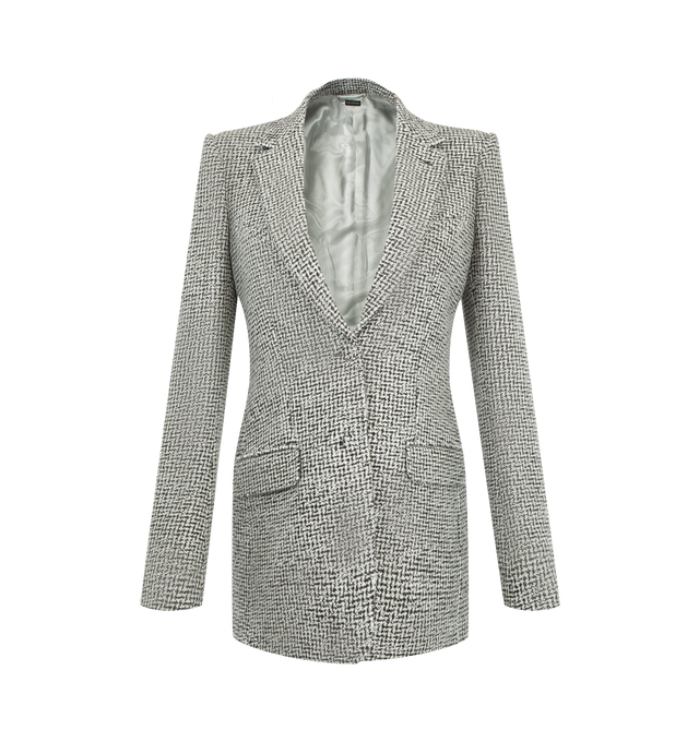Image 1 of 2 - MULTI - Tom Ford Women's Sequined Broken Chevrons Tweed Wool Blend Western Jacket is crafted from a sequined broken chevrons wool-blend tweed and features a single-breasted silhouette, notch lapels, tailored shoulder pads, and slightly curved sleeves. Designed with a grosgrain undercollar, flap pockets with jet pockets, two handmade chest pockets, self-fabric covered buttons, and a single back vent, this fully lined jacket is finished with hand-crafted details including a handmade lapel butto